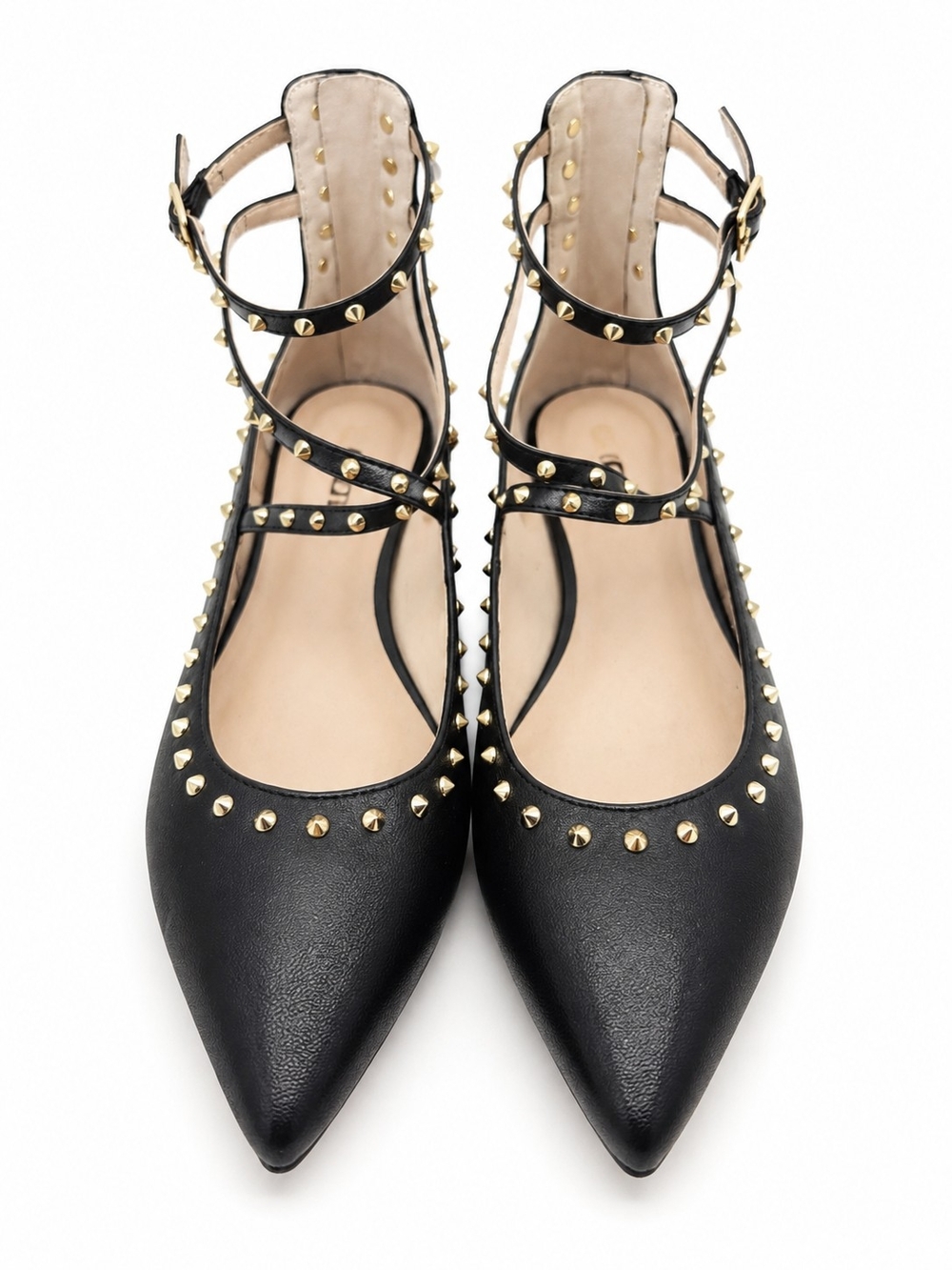 Jennifer Lopez Black Pointed-Toe Studded Ankle-Strap Flats